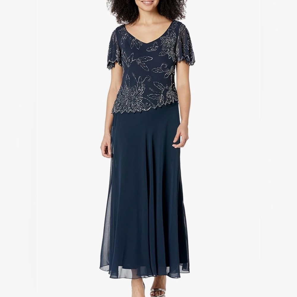 J Kara Women's Short Sleeve Asymmetrical Embellished Gown Woman Size 16